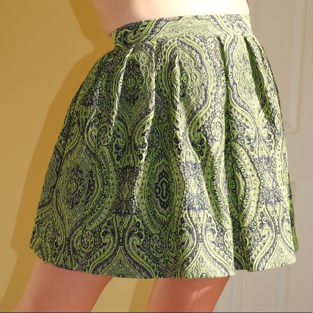 Topshop Brocade Navy Lime Green Skater Skirt